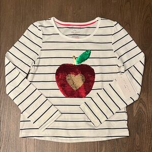 Max Studio White and Black Striped Tee with Sequin Apple